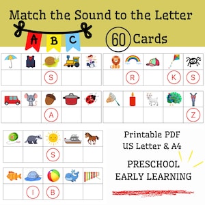 Actividad de conciencia fonémica para preescolar / Tarjetas de emparejamiento de sonidos iniciales / Imprimibles en PDF para alfabetización temprana
