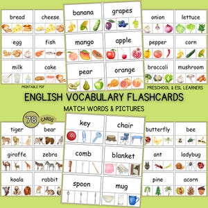 Tarjetas didácticas para aprender inglés / Tarjetas imprimibles de vocabulario inspiradas en Montessori para niños.