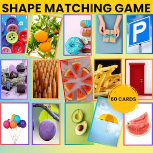 May include: A colorful shape-matching game with 60 cards. The game features various images, including buttons, oranges, donuts, a gift, a parking sign, chocolates, pencils, watermelon slices, french fries, a red door, balloons, a plum, avocados, an umbrella, and watermelon.