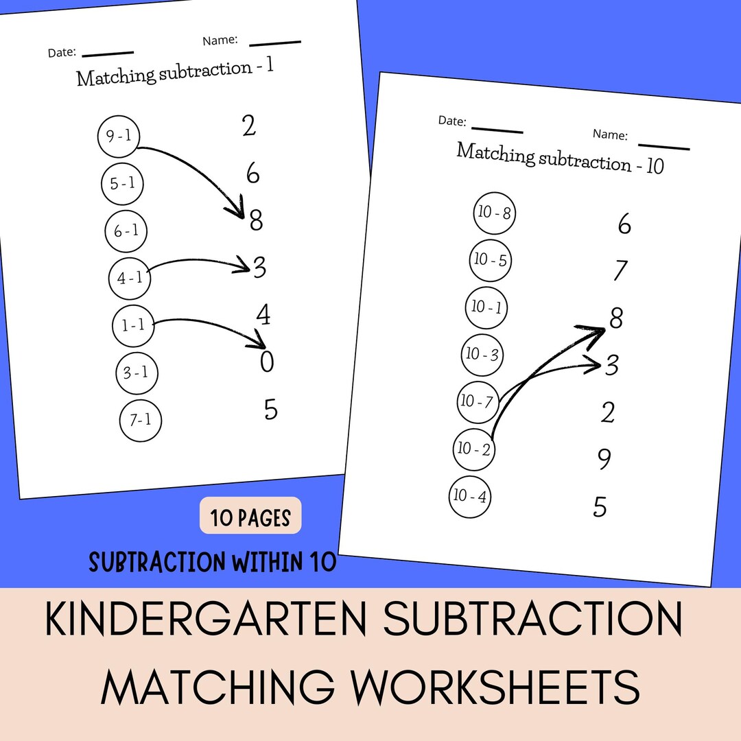 Subtraction Within 10 Matching Worksheets | Kindergarten Math Printable ...
