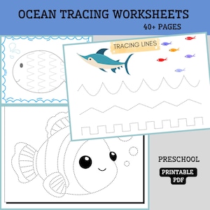 Op de afbeelding: Ocean tracing werkbladen met 40+ pagina's. De afbeelding toont afdrukbare PDF-pagina's voor de kleuterschool met illustraties met oceaanthema. Bevat traceerlijnen en afbeeldingen van een vis, haai en andere zeedieren. De tekst "Tracing Lines" is zichtbaar.