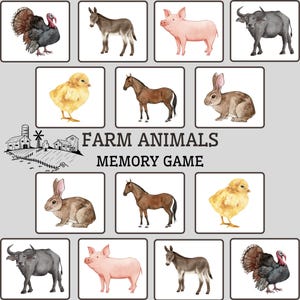 Juego de memoria con tarjetas de animales de granja / Actividades preescolares / Aprendizaje divertido para niños pequeños