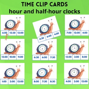 Matematica per l'asilo: carte con clip per dire l'ora per bambini, orologio analogico a forma di lumaca, attività di apprendimento stampabile