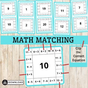 Puede incluir: Juego educativo de emparejamiento de matemáticas con tarjetas que presentan ecuaciones y respuestas. El juego incluye el texto "MATH MATCHING" y "Clip the Correct Equation". Se ve un botón de descarga.