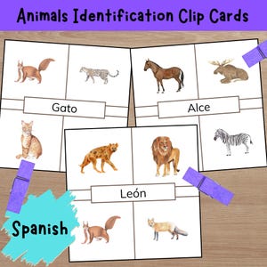 Animals in Spanish Identification Cards - Printable Clip Cards for Preschool Learning & Homeschool Education Activities