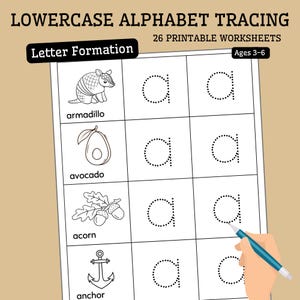 May include: A printable worksheet titled LOWERCASE ALPHABET TRACING with 26 printable worksheets for ages 3-6. The page features rows with black and white line drawings of an armadillo, avocado, acorn, and anchor, alongside dotted letter d shapes.