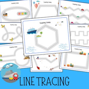Könnte beinhalten: Ein Satz von acht druckbaren Arbeitsblättern für Kinder, um das Nachzeichnen von Linien zu üben. Jedes Arbeitsblatt zeigt eine andere Form und eine Vielzahl von Illustrationen zum Thema Transport, darunter Flugzeuge, Züge, Autos und Boote. Die Arbeitsblätter sind mit "Tracing Lines" beschriftet.