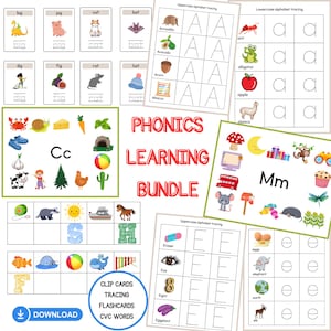 Phonics Practice Bundle | Alphabet Tracing, Beginning Sounds, CVC Word Cards & Flashcards