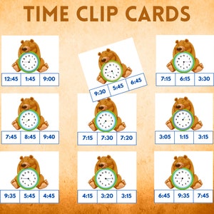 Schede con clip per leggere l'ora / Orologio a forma di orso stampabile / Matematica per la scuola materna e Montessori / Attività per l'istruzione parentale / Gioco di abbinamento dell'orologio analogico