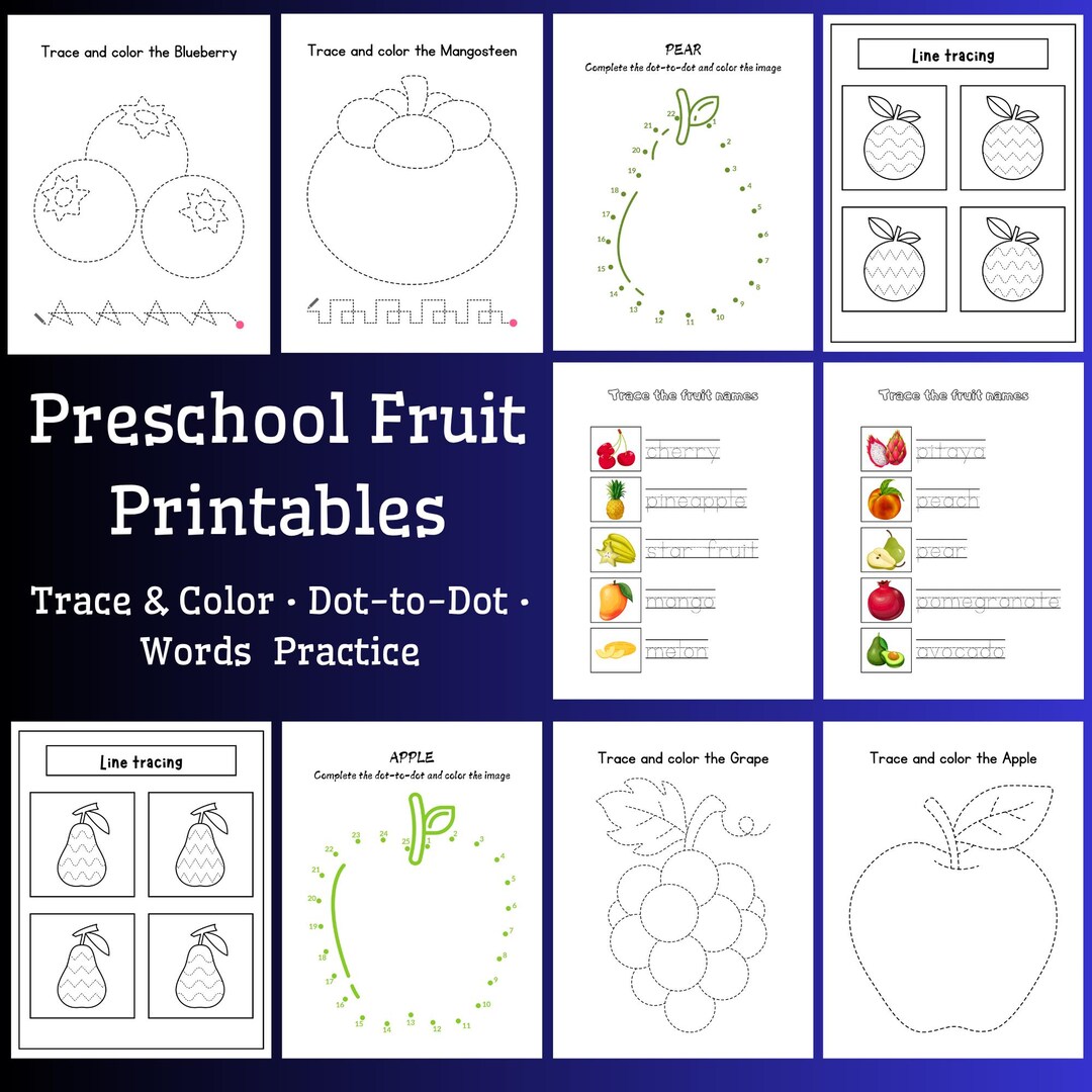 Preschool Fruit Theme Printables | Trace and Color, Dot-to-dot, Word ...