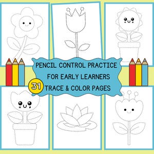 Pencil Control Tracing Pages with Flowers | 20 Prewriting Worksheets for Fine Motor Skills | Toddler & Preschool PDF