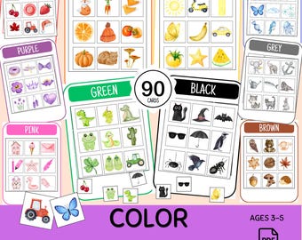 Puede incluir: Un conjunto de 90 tarjetas de clasificación de colores imprimibles con ilustraciones en acuarela organizadas por categorías de color como rojo, naranja, amarillo, azul, morado, gris, verde, negro, rosa y marrón, con el texto Color Sorting Cards.