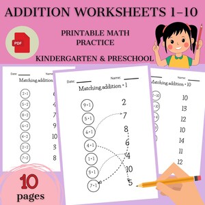 Addition Worksheets 1–10 for Kindergarten & Preschool | Printable Math Practice PDF | Early Learning Numbers Set