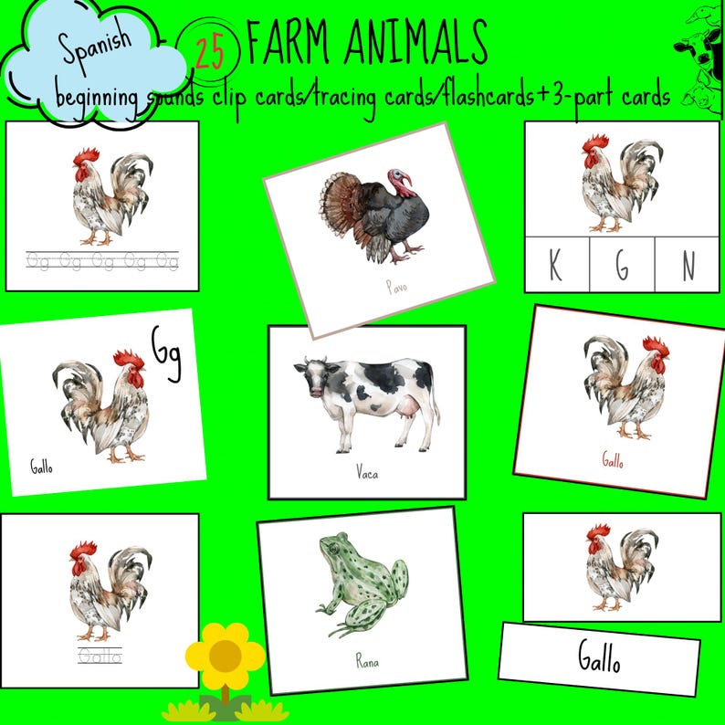 Montessori Animals Flashcards Bundle - Spanish Farm Animal 3-part Cards ...
