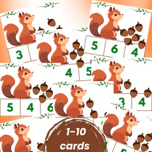 Conta e ritaglia le carte con i numeri da 1 a 10 / Schede didattiche Montessori autunnali / Attività stampabili per bambini in età prescolare e per bambini piccoli