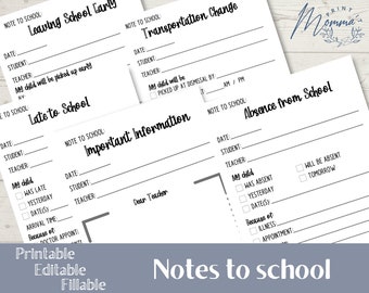 May include: Printable notes to school forms with black text on a white background. The forms include sections for leaving school early, late to school, transportation change, and absence from school.