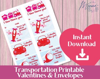 Valentine Cards and Envelopes Set Vehicle Print at home |  DIY Kids Airplane Digital Download  | Valentine's Day Party Printable