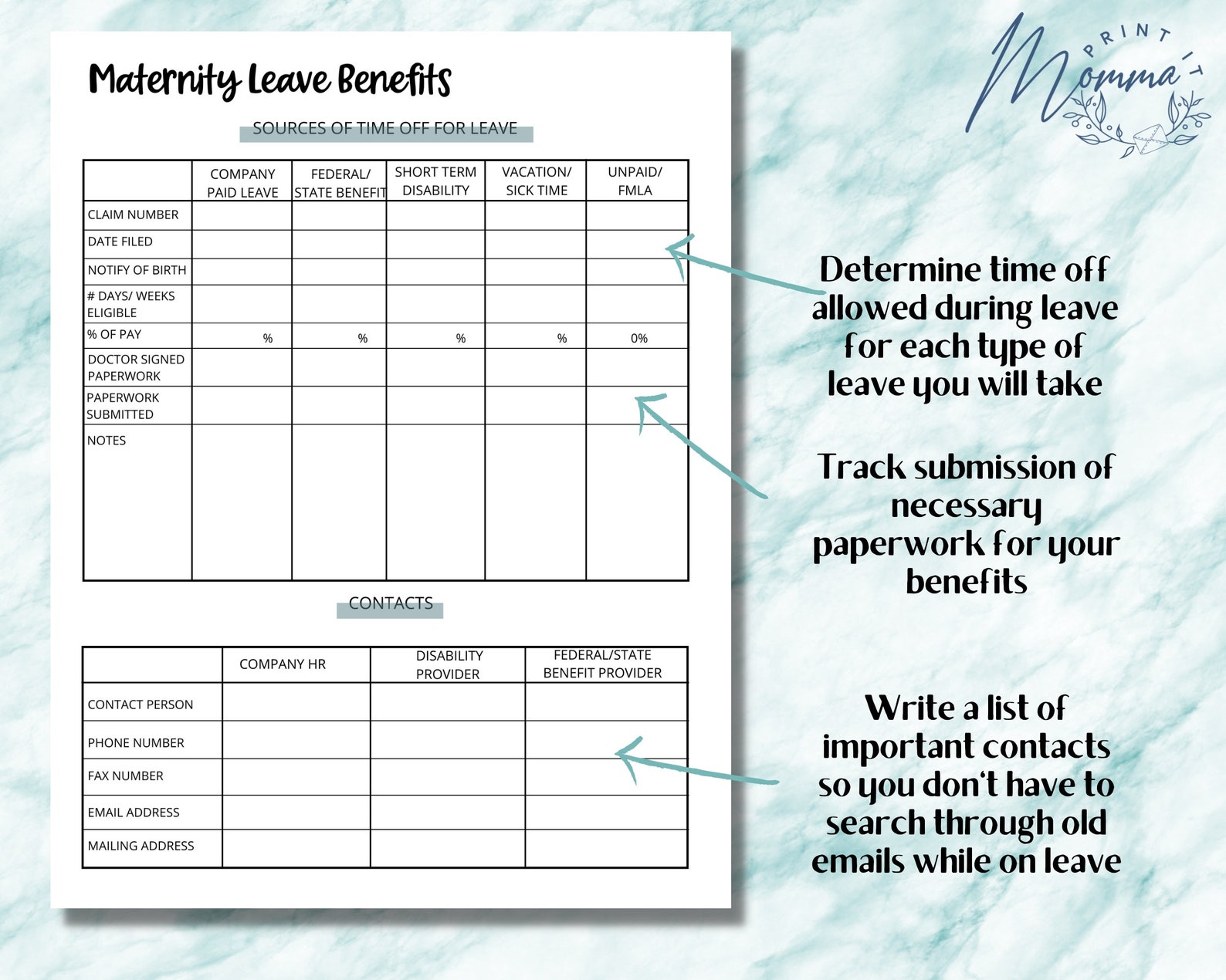 Maternity Leave Benefits Tracker Printable Fillable Work Family Leave