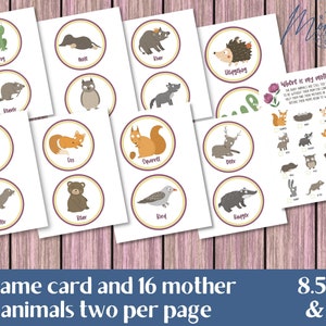 May include: A printable game card and 16 individual animal cards featuring illustrations of forest animals. The game card has the text "Where is my mother?" and a grid of animal illustrations. The individual cards each feature a single animal illustration with the animal's name printed below.