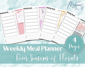 Weekly Meal Planner Four Seasonal Florals Printable | Meal Plan and Grocery List Digital Download | Weekly Menu Planner with flowers