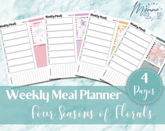 Weekly Meal Planner Four Seasonal Florals Printable | Meal Plan and Grocery List Digital Download | Weekly Menu Planner with flowers