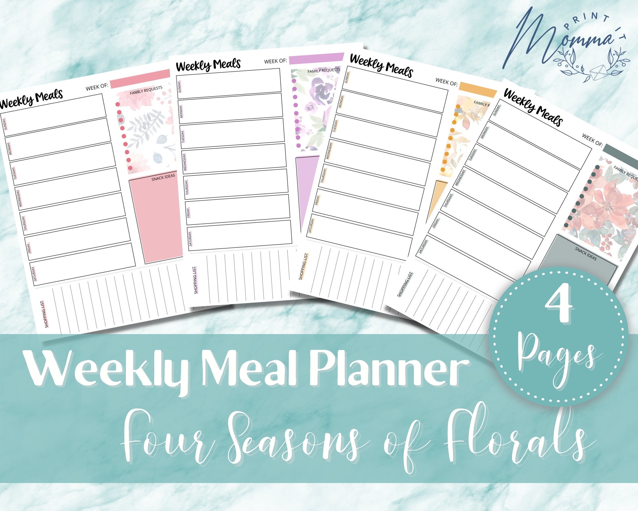 Weekly Meal Planner Four Seasonal Florals Printable Meal Plan and