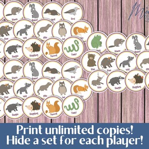 May include: A set of 36 colorful, round, illustrated animal game pieces. Each piece features a different animal, such as a deer, otter, rabbit, and snake. The text "Print unlimited copies! Hide a set for each player!" is at the bottom of the image.