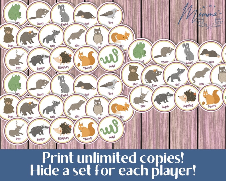 May include: A set of 36 colorful, round, illustrated animal game pieces. Each piece features a different animal, such as a deer, otter, rabbit, and snake. The text "Print unlimited copies! Hide a set for each player!" is at the bottom of the image.