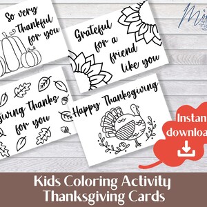 Cartões para colorir de atividades de Ação de Graças para impressão | Ação de Graças para crianças colorindo cartões de 5 x 7 polegadas Download digital | Conjunto de 4 cartões comemorativos
