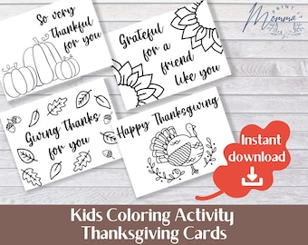 Thanksgiving Activity Coloring Cards Printable | Thanksgiving Kids Coloring 5x7 inch Cards Digital Download | Set of 4 Greeting Cards