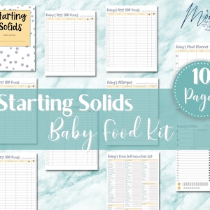 May include: A printable baby food kit with 10 pages. The kit includes a baby's first 100 foods list, a meal planner, an allergy tracker, a food introduction list, and a daily food plan. The pages are designed with a light blue and yellow colour scheme.