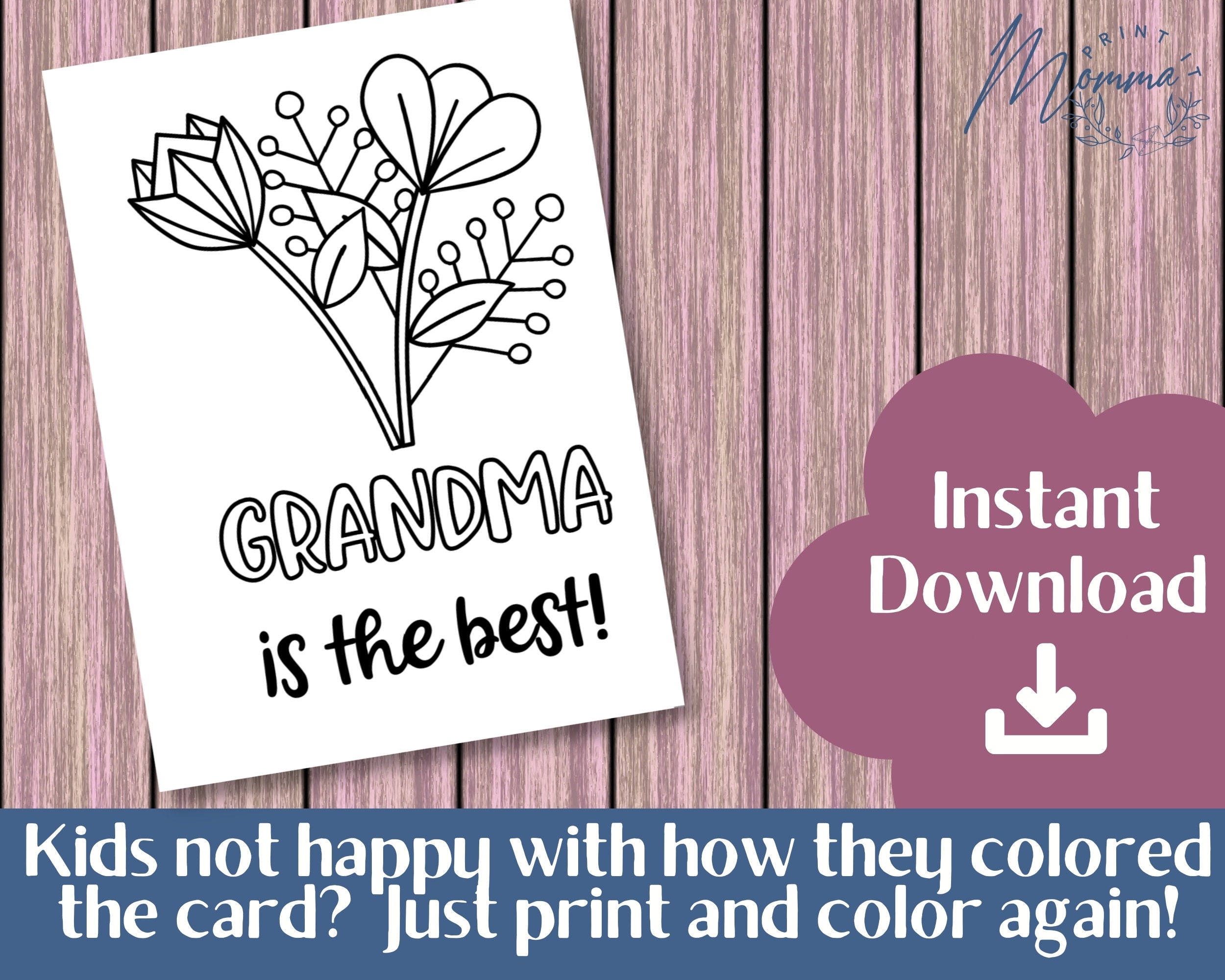Mother's Day Coloring Card for Grandma Printable Kids Coloring DIY Card ...
