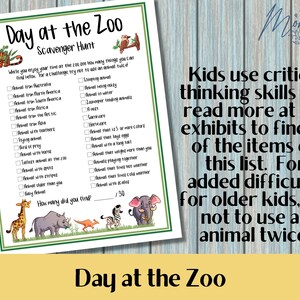 May include: A printable scavenger hunt checklist for a day at the zoo. The checklist includes 30 items to find, such as an animal from Australia, an animal being noisy, an animal in water, and a zookeeper tending animals. The checklist is illustrated with cartoon animals.