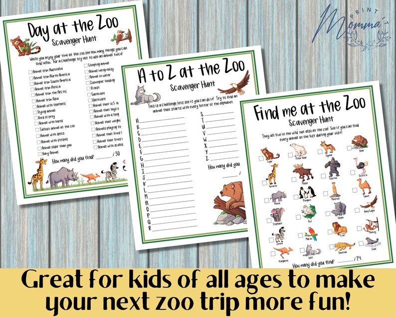 May include: Three printable scavenger hunt game cards for a day at the zoo. The cards are green and white with illustrations of animals. The first card is titled "Day at the Zoo Scavenger Hunt" and has a checklist of animals to find. The second card is titled "A to Z at the Zoo Scavenger Hunt" and has a list of letters of the alphabet with lines to write down the names of animals. The third card is titled "Find Me at the Zoo Scavenger Hunt" and has a grid of 24 animal illustrations with checkboxes next to each one.