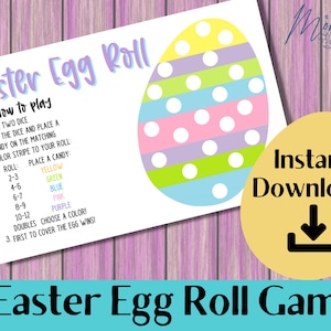 Puede incluir: Juego de lanzamiento de huevos de Pascua imprimible con instrucciones sobre cómo jugar. El juego incluye un huevo colorido con rayas y puntos, y una lista de colores que corresponden a los lanzamientos de dados.