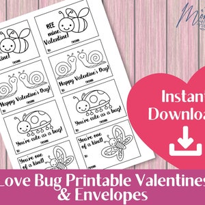 Valentine Cards and Envelopes Set Love Bugs Print and Color |  DIY Kids Valentines Digital Download  | Valentine's Day Party Printable