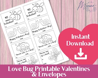 Valentine Cards and Envelopes Set Love Bugs Print and Color |  DIY Kids Valentines Digital Download  | Valentine's Day Party Printable