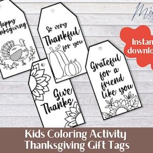Thanksgiving Coloring Gift Tags Printable | Thanksgiving Kids Coloring Activity Digital Download | Set of 4 DIY Gift Tags