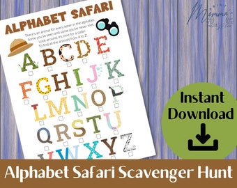 Scavenger Hunt Alphabet Safari Printable | Alphabet Hiding Game Digital Download | Animal Safari Birthday party game
