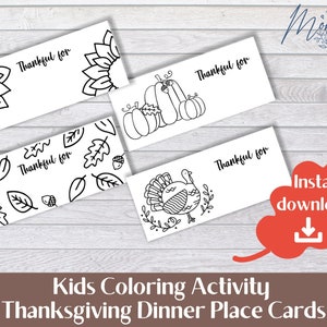 Cartões de mesa para colorir de atividades de Ação de Graças para impressão | Atividade de colorir para crianças no Dia de Ação de Graças Download digital | Conjunto de 4 cartões de lugar DIY