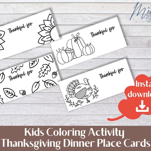 Thanksgiving Activity Coloring Table Place Cards Printable | Thanksgiving Kids Coloring Activity Digital Download | Set of 4 DIY Place Cards