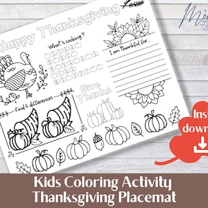 Thanksgiving Activity Placemat Printable | Thanksgiving Kids Coloring Page Digital Download | Thanksgiving Dinner Activity Sheet