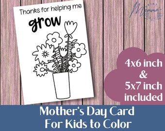Mother's Day Coloring Card printable | Kids Coloring DIY Card Digital Download | Help me Grow Card | DIY 5x7 inch and 4x6inch card to color