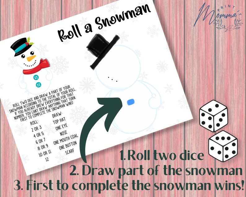 Roll a Snowman Game Printable Roll a Snowman Drawing Game Etsy