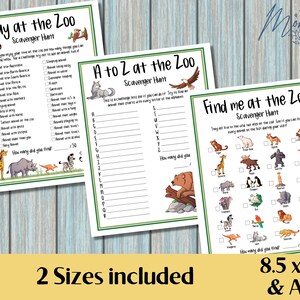 May include: Three printable zoo scavenger hunt game cards. The first card is green and white with the text "Day at the Zoo Scavenger Hunt". The second card is green and white with the text "A to Z at the Zoo Scavenger Hunt". The third card is green and white with the text "Find me at the Zoo Scavenger Hunt".