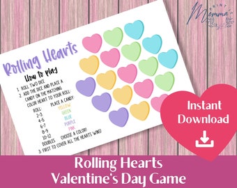 Valentine's Day Kids Rolling Hearts Game Printable |  Heart Candy Dice Game Digital Download | Valentine Party Classroom Activity