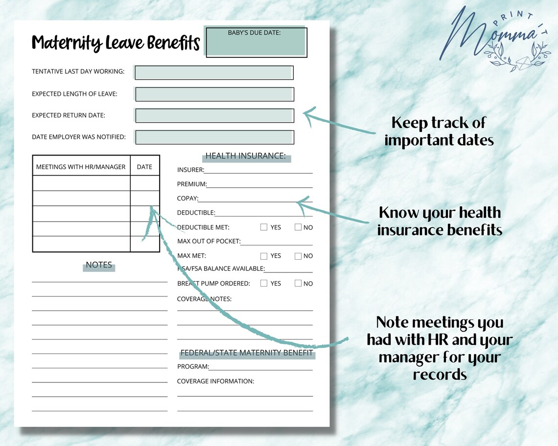 Maternity Leave Benefits Tracker Printable Fillable Work Etsy