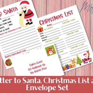 Carta a Santa y kit de lista de Navidad imprimible / Querido Santa Carta y sobre Descarga digital / Lista de deseos de Navidad