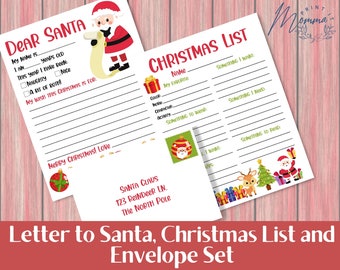 Letter to Santa and Christmas List Kit Printable | Dear Santa Letter and Envelope Digital Download | Christmas Wish List