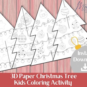 May include: Printable 3D paper Christmas tree coloring activity for kids. The image shows three Christmas trees with ornaments and lights. The trees are ready to be colored.